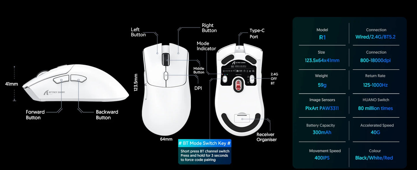 Rato Gaming Tri-Mode ATTACK SHARK R1, Sensor PixArt PAW3311, 18000 DPI, 1000hz, ultraleve 59g para mãos grandes, para PC/Mac