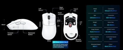 Rato Gaming Tri-Mode ATTACK SHARK R1, Sensor PixArt PAW3311, 18000 DPI, 1000hz, ultraleve 59g para mãos grandes, para PC/Mac