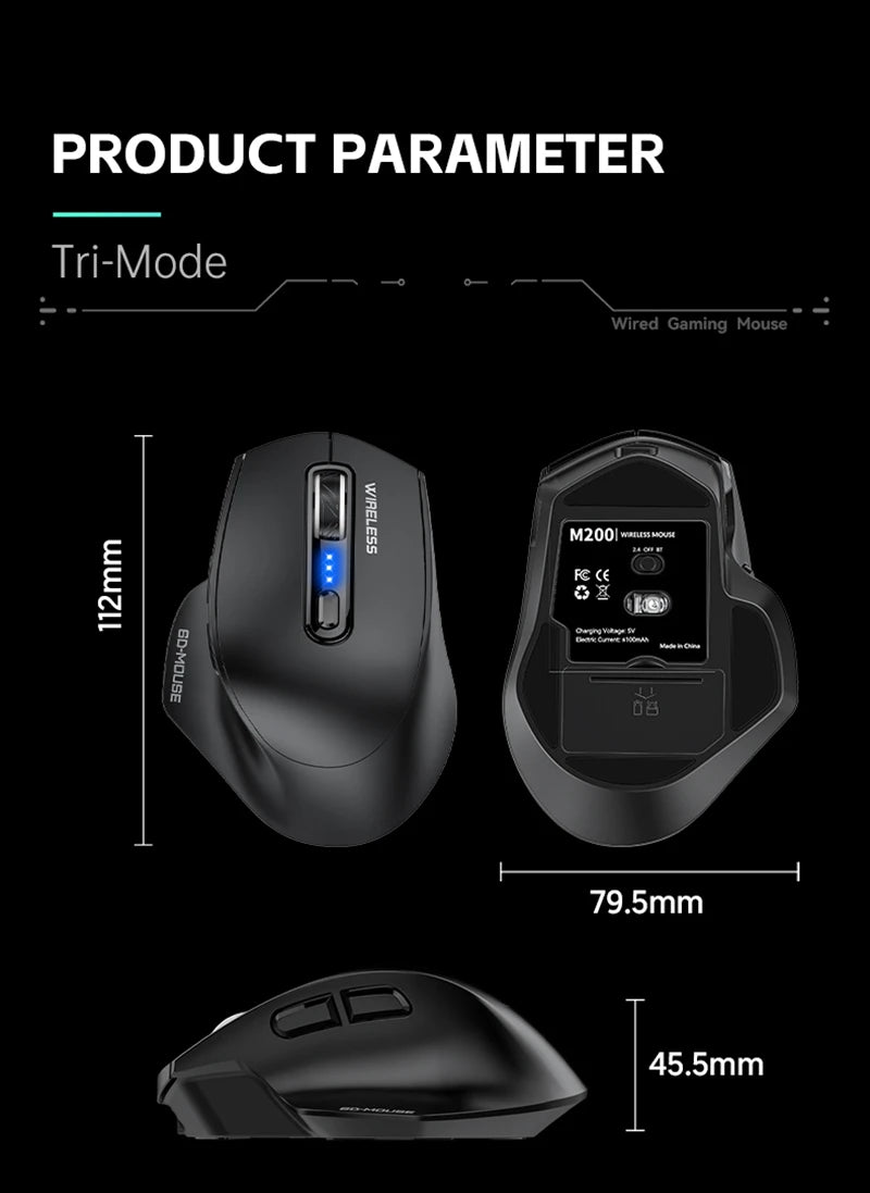 Wireless Tri-Mode Gaming Mouse 2.4G Dual Receiver Bluetooth With Battery Level Display Portable Universal Office Mouse