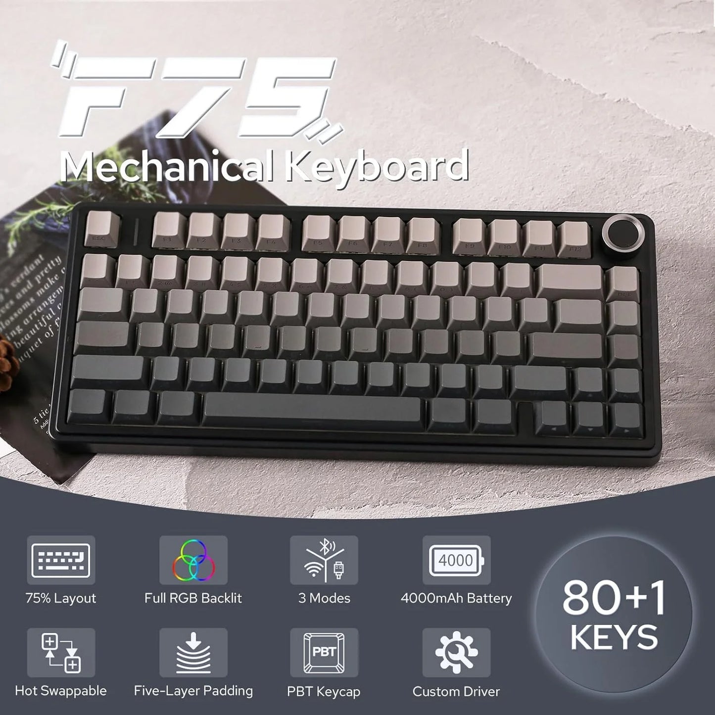 AULA F75Pro Wireless Gaming Mechanical Keyboard 75% Customized RGB Layout Gasket Mounted Side-engraving PBT Keycaps