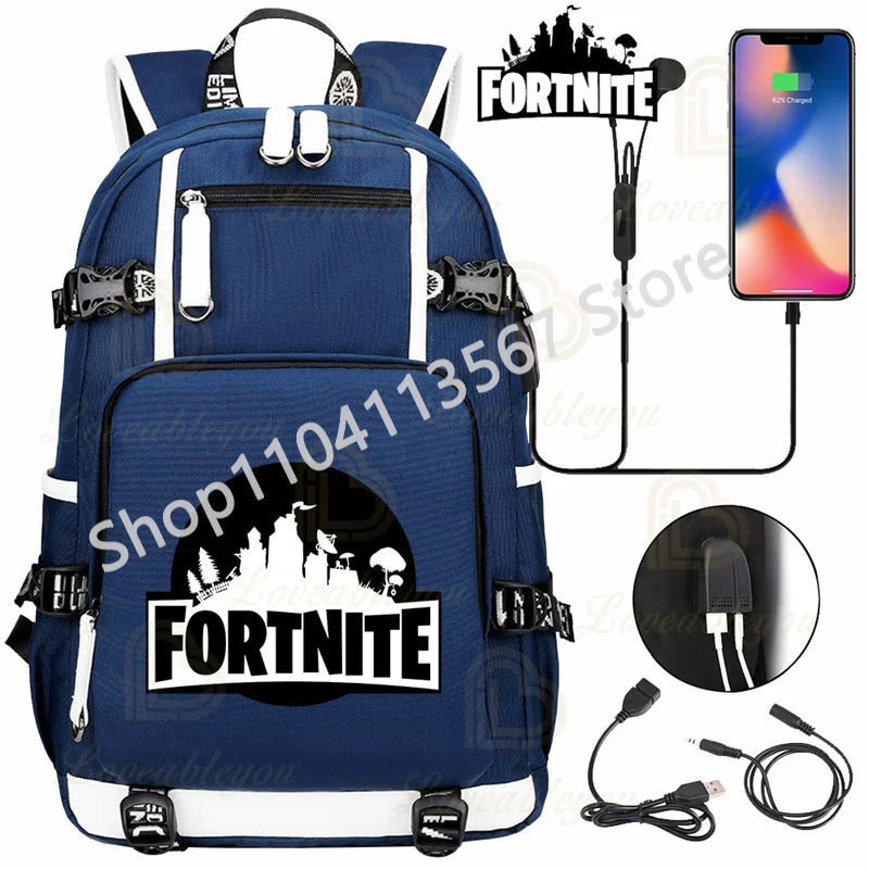 Ultima Knight F-Fortnited Battle Royale Backpack with USB Charging Anime Figures Study Stationery Compartment for Students