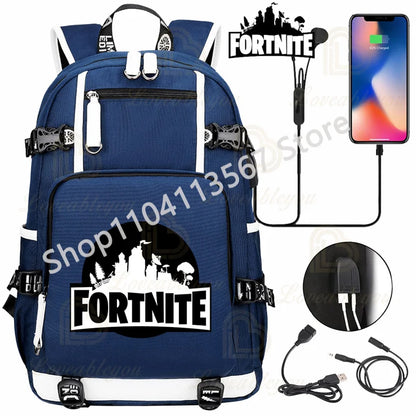 Ultima Knight F-Fortnited Battle Royale Backpack with USB Charging Anime Figures Study Stationery Compartment for Students