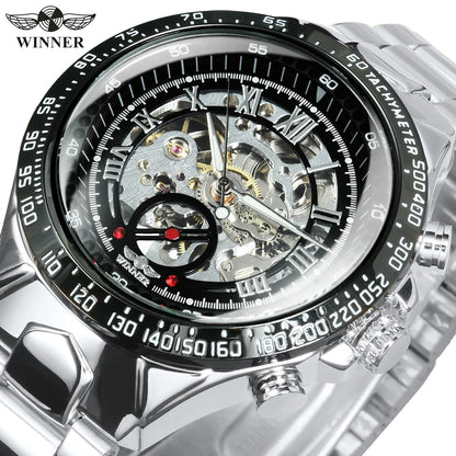 Relógio automático para homem WINNER – Modelo esqueleto transparente, ponteiros luminescentes, bracelete em aço inoxidável, relógio mecânico de marca de luxo