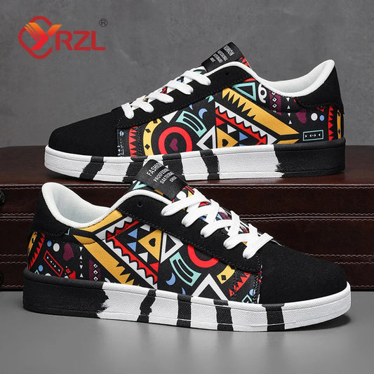 YRZL sportsløbesko til mænd i canvas med geometrisk stil, snøresneakers, moderigtige par-sneakers med graffitiprint, skatesko til mænd