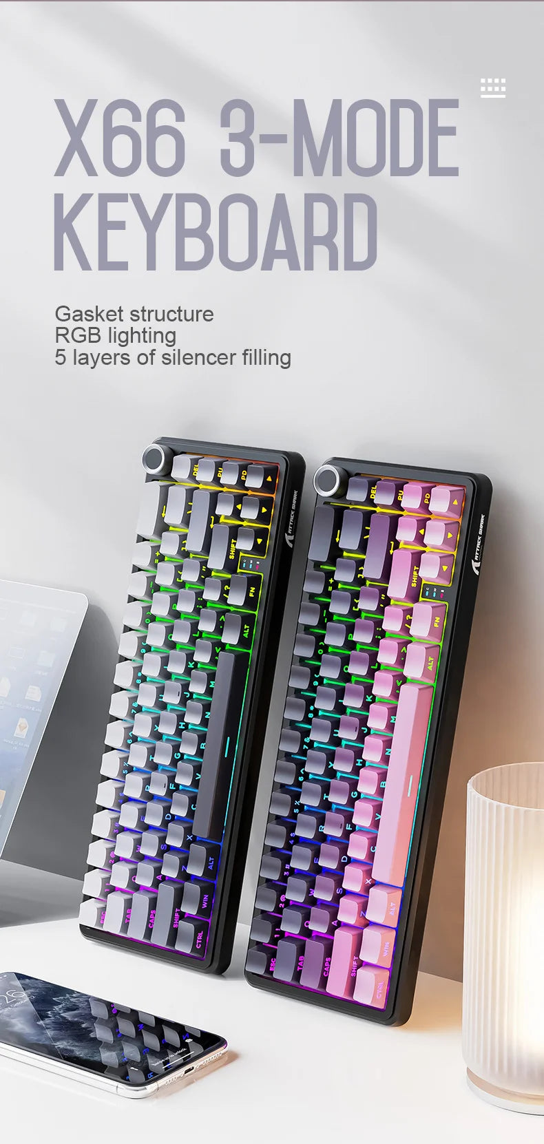 Attack Shark X66 Wireless Mechanical Keyboard 65% Compact Layout RGB Backlight Gasket Hot Swap Bluetooth USB-C PBT Large battery