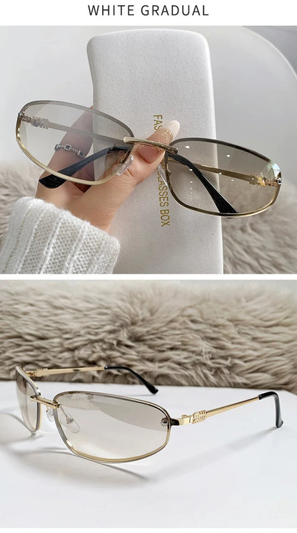 Gradient Oval Frameless Women's Sunglasses High Quality Luxury Brand Y2k Rimless Glasses Women High-end Punk Popular Shades UV