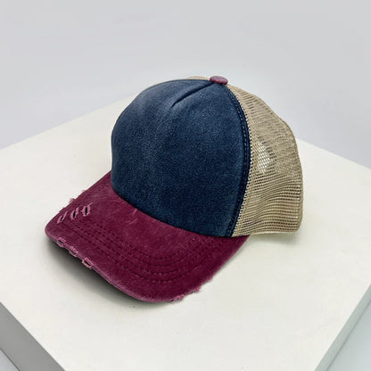 New Unisex Color Block Broken Style Baseball Hats Distress Breathable Mesh Sunshade Retro Trucker Caps Versatile Simple Fashion