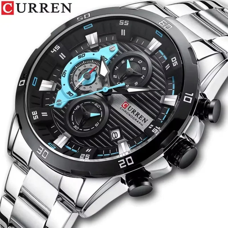Orologio da uomo di lusso CURREN 8402, nuovo, in acciaio inossidabile, impermeabile, con cronografo e illuminazione notturna.