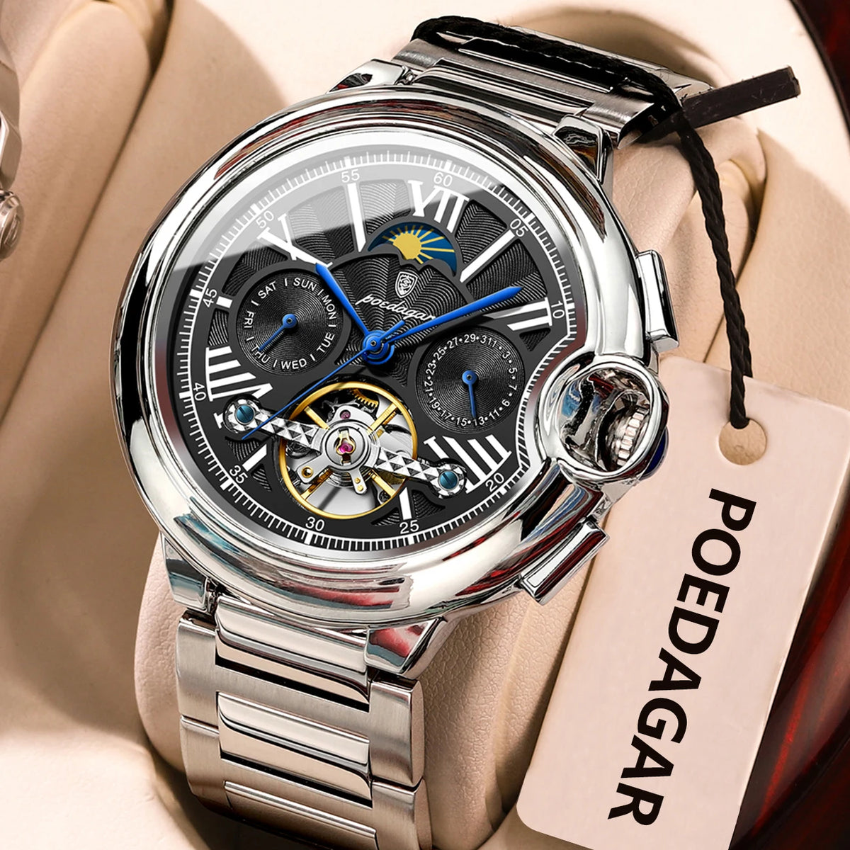 POEDAGAR Herrenuhr im luxuriösen und professionellen Stil, mit Datums- und Wochentagsanzeige, Tourbillon, Edelstahlgehäuse, mechanischem Automatikwerk und Wasserdichtigkeit.