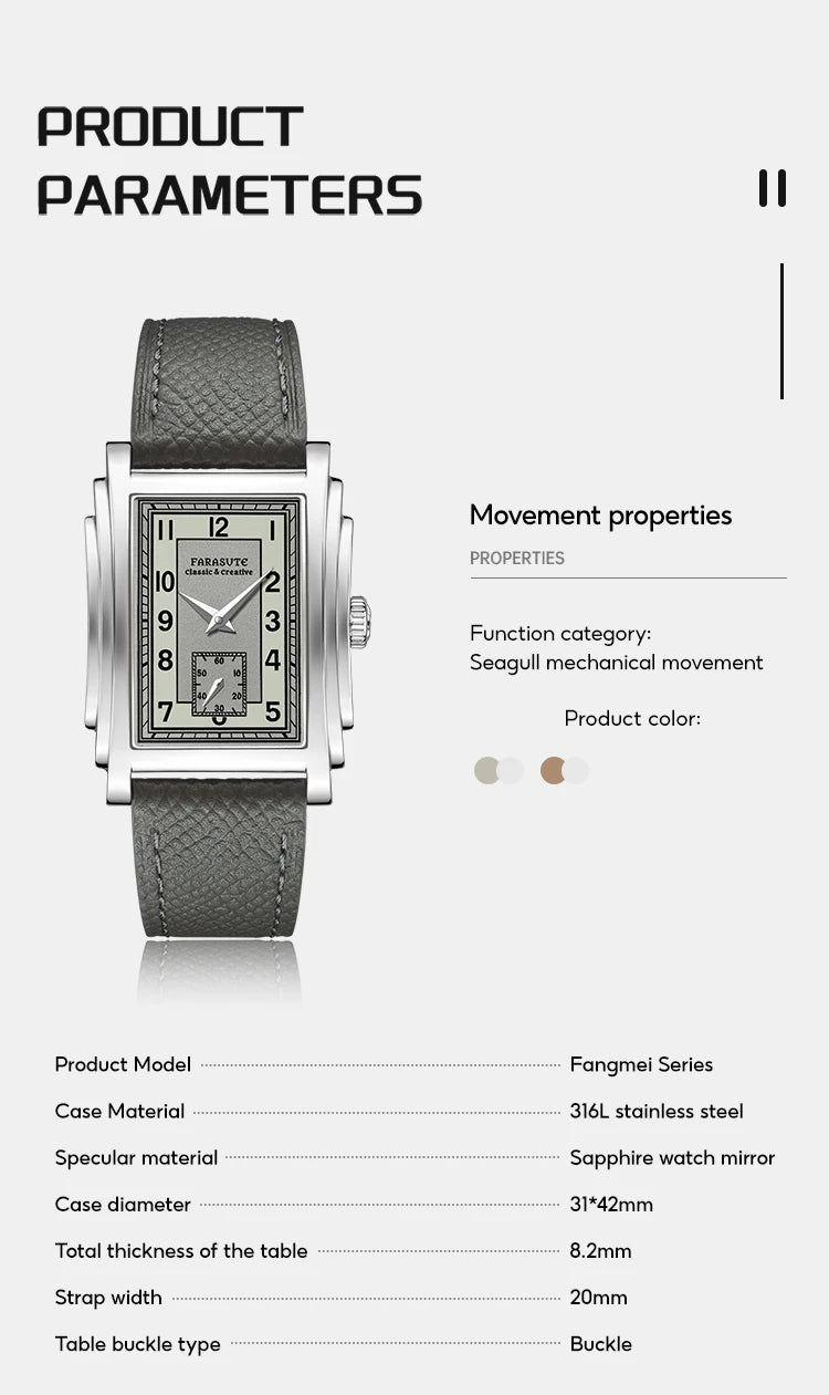 FARASUTE Original Design Square Manual Mechanical Men's Watch Seagull Movement Luxury Retro Sapphire Mirror Waterproof Men Watch