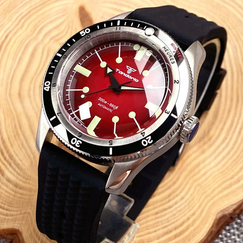 Tandorio Red Blue 40mm PT5000 Japan NH35A Mechanical Automatic Dive Men Watch 20ATM Waterproof Domed Sapphire Screw Crown Reloj