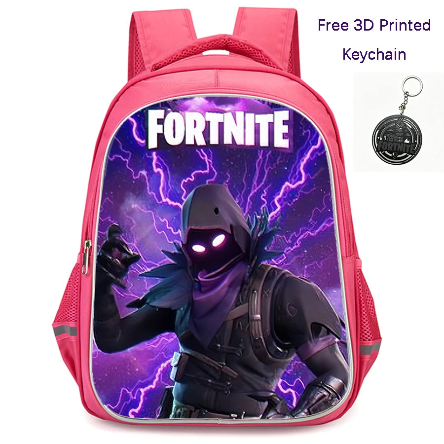 Mochila FORTNITE de 16 polegadas, resistente e leve, bolsos duplos com fecho, estilo cartoon para rapazes e raparigas dos 6 aos 10 anos, porta-chaves 3D impresso grátis