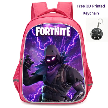Mochila FORTNITE de 16 polegadas, resistente e leve, bolsos duplos com fecho, estilo cartoon para rapazes e raparigas dos 6 aos 10 anos, porta-chaves 3D impresso grátis