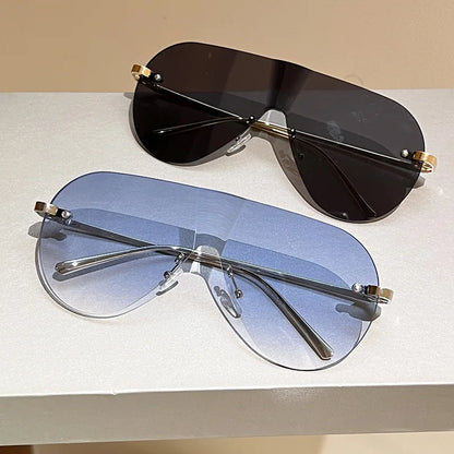 Women's Oversize Rimless One-Piece Shield Sunglasses Fashion Gradient Sun Glasses Alloy Sexy Driving Shades men punk shades