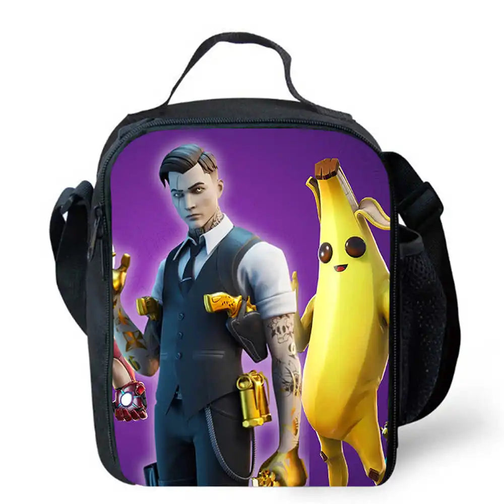 Bolsas de almuerzo para niños, bolsas escolares y de picnic Fortnite de dibujos animados para niñas y niños, bolsas térmicas portátiles y ligeras para almuerzo infantil