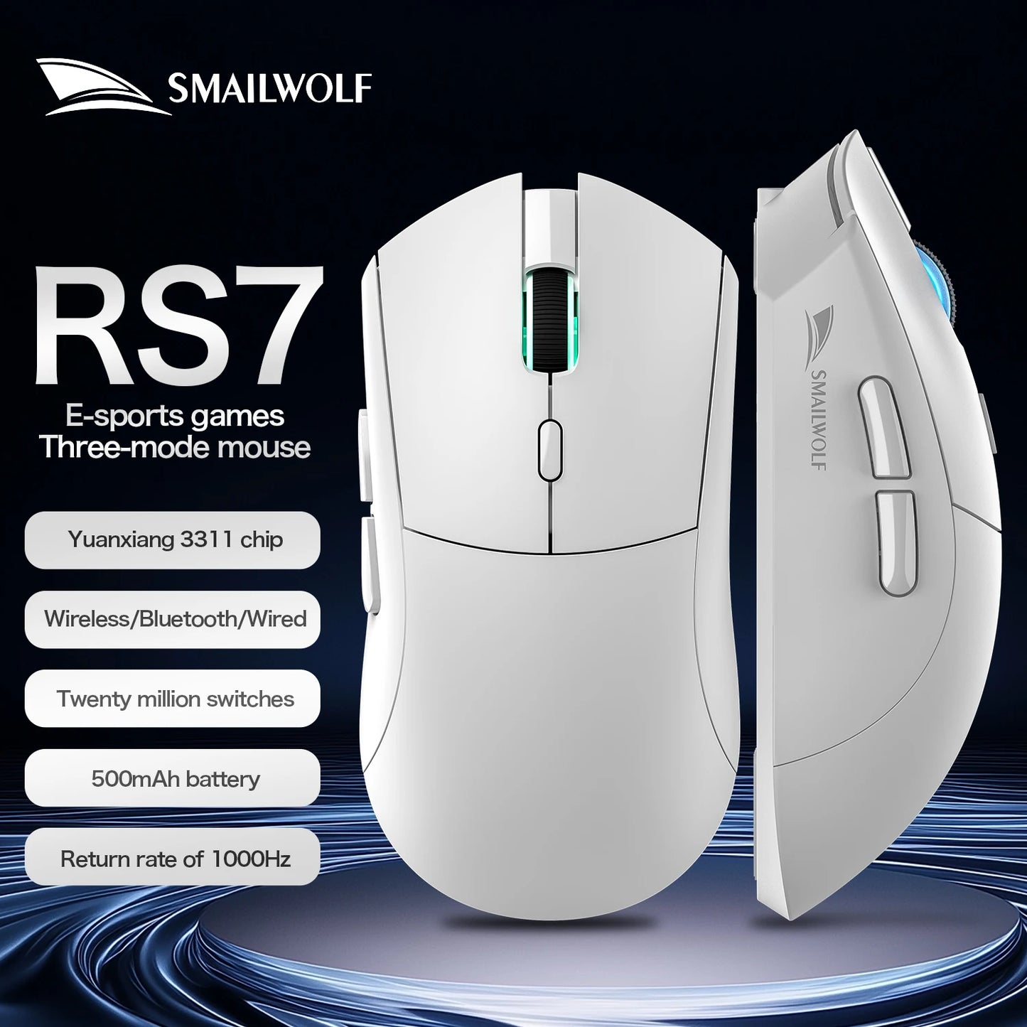 Bezprzewodowa mysz gamingowa SMAILWOLF RS7 Bluetooth, trzy tryby, PAW3311, makra, do laptopa, gier i biura