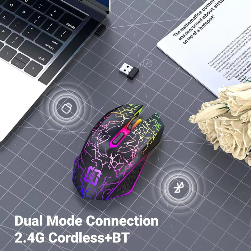 Rato sem fios Bluetooth 2.4GHz recarregável com retroiluminação RGB, 1600 DPI, design ergonómico, rato gaming para PC, portátil e MacBook
