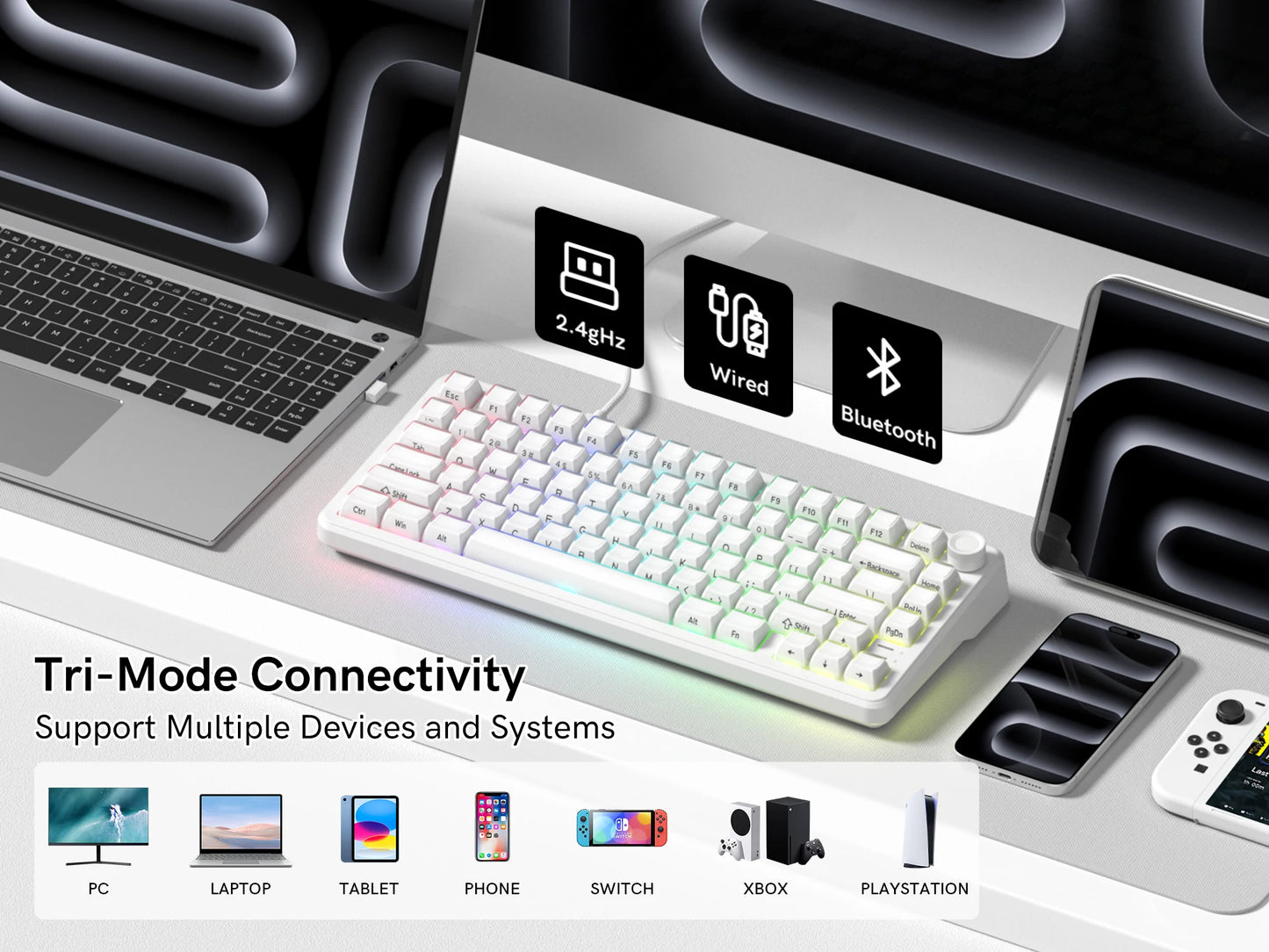 Womier L75 White Crystal Wireless Gaming Keyboard Tri-Modes Hot-Swappable Customized RGB Backlight Mechanical Keyboard Gasket