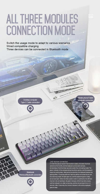 Attack Shark X66 Wireless Mechanical Keyboard 65% Compact Layout RGB Backlight Gasket Hot Swap Bluetooth USB-C PBT Large battery