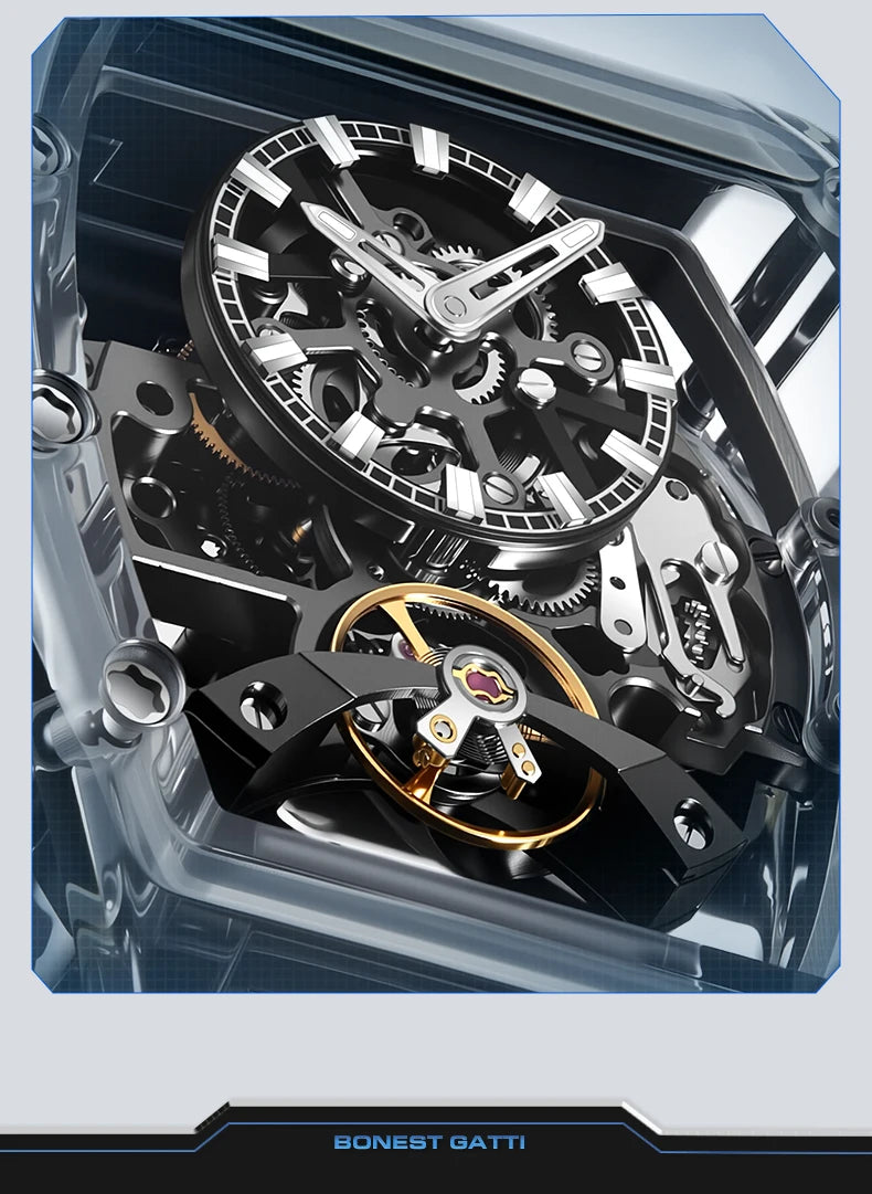 BONEST GATTI New Fully Automatic Men Watch Skeleton Mechanical Watch Rubber Black Band Luminous Barrel Shaped Men Watch