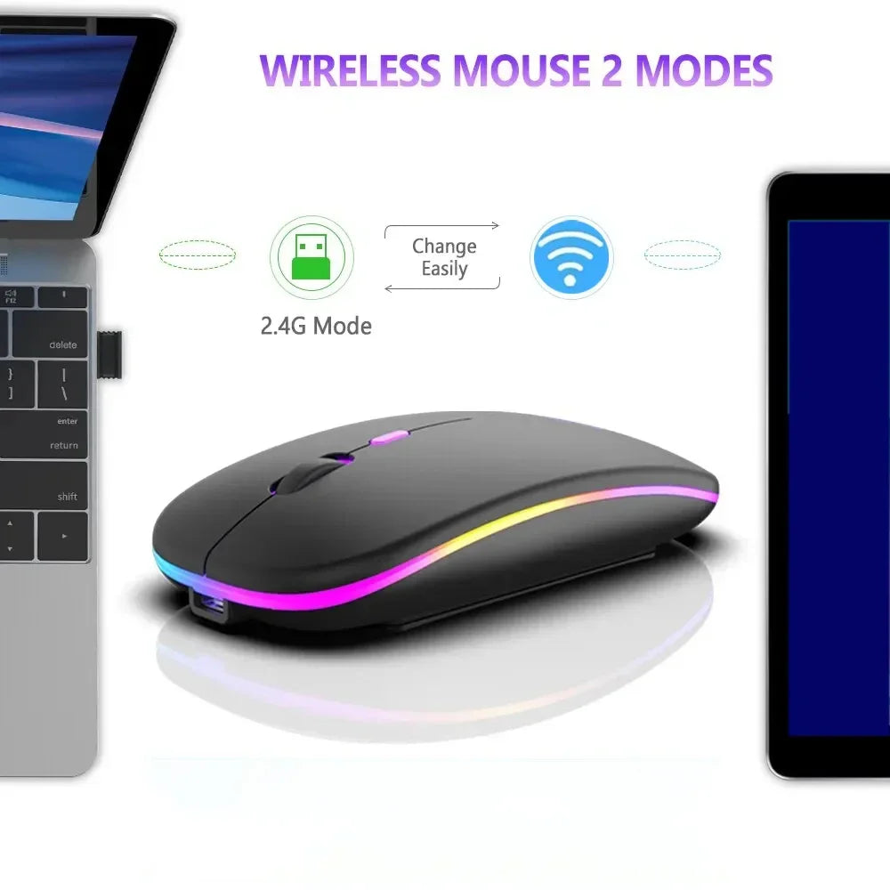 Безжична презареждаема мишка с два режима, съвместима с Bluetooth, 2.4G USB компютърна мишка за лаптоп, iPad, таблет и Notebook, геймърска мишка