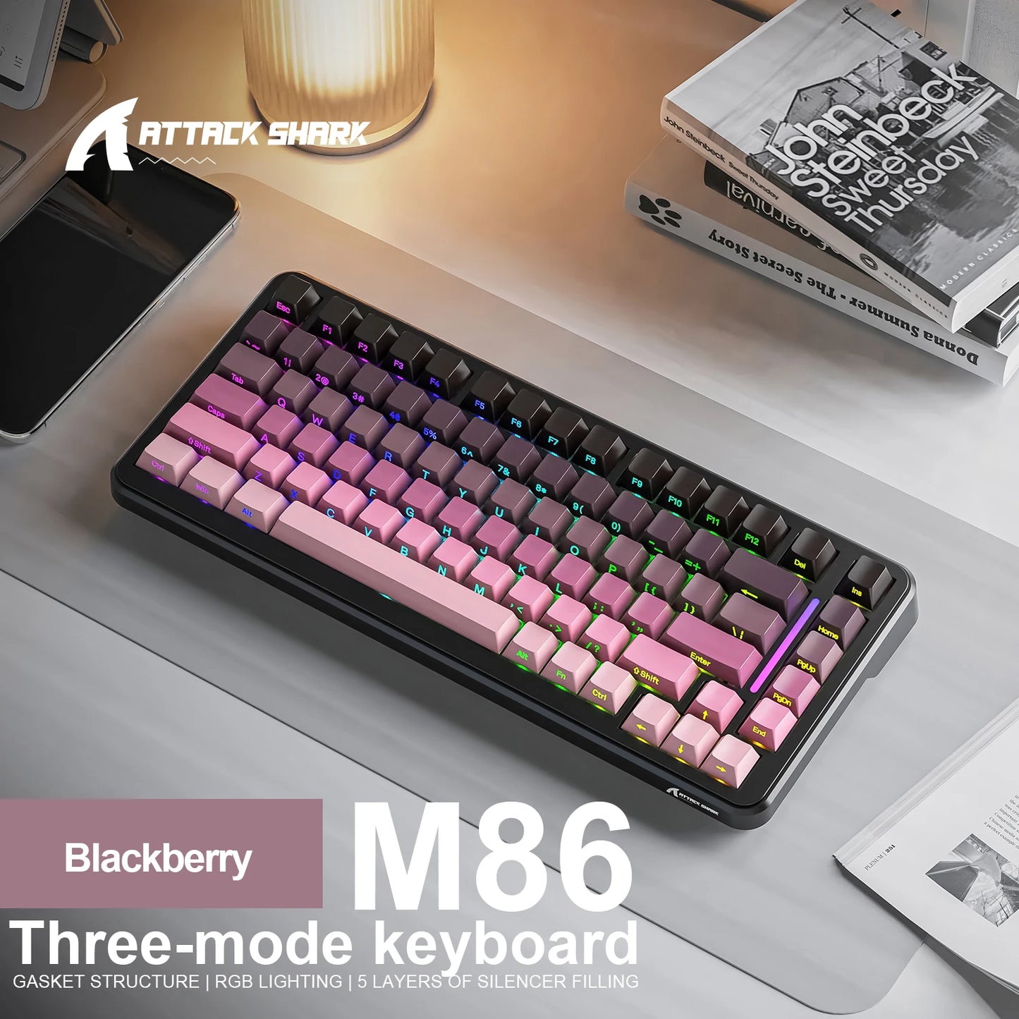 Attack Shark M86 Wireless Mechanical Keyboard 75% Compact RGB Backlit Hot-Swappable Side-Printed PBT Keycaps Tri-Mode 4000mAh