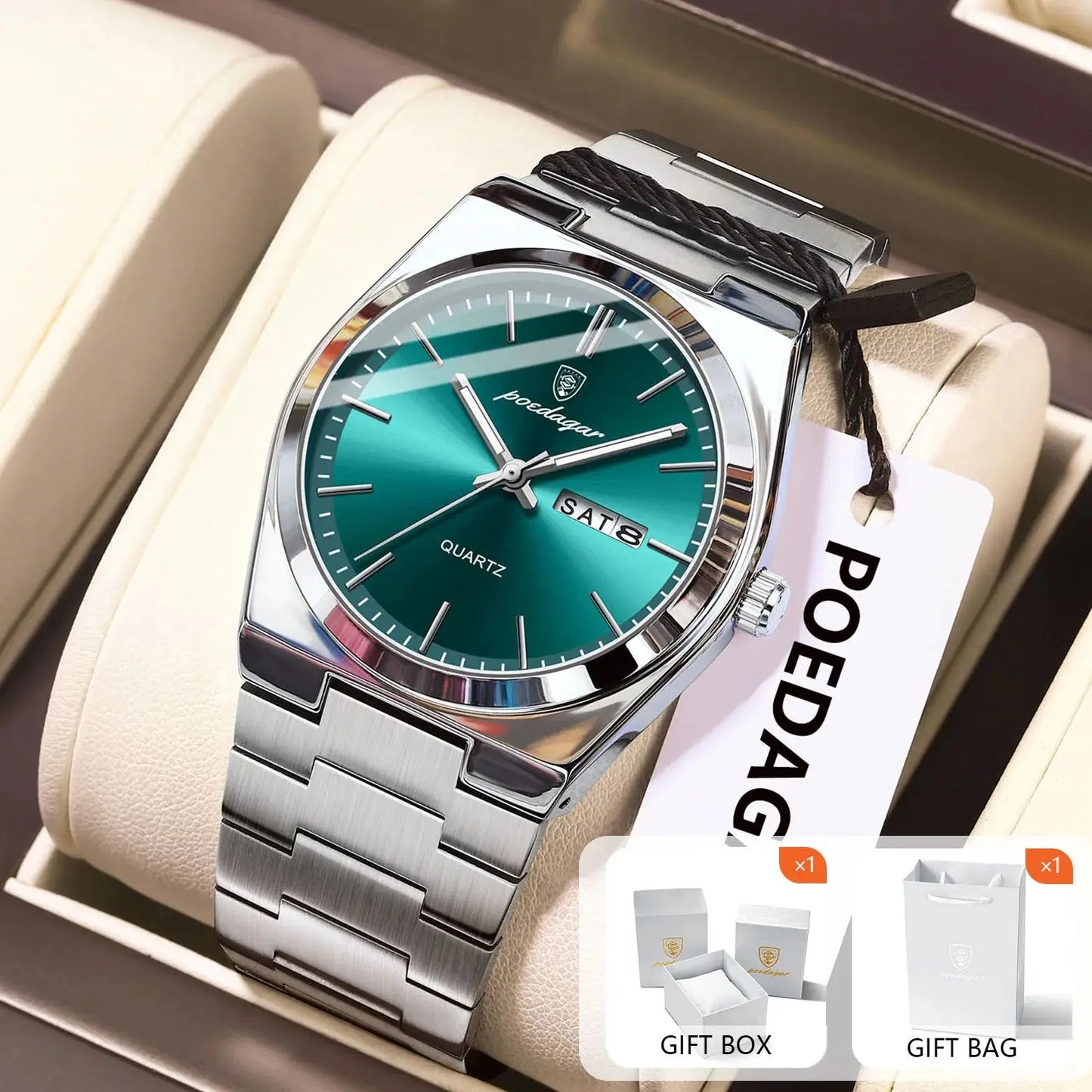 POEDAGAR Fashion Men Watch Waterproof Luminous Date Week Men's Watches Stainless Steel Functional Man Quartz Watch with Gift Box