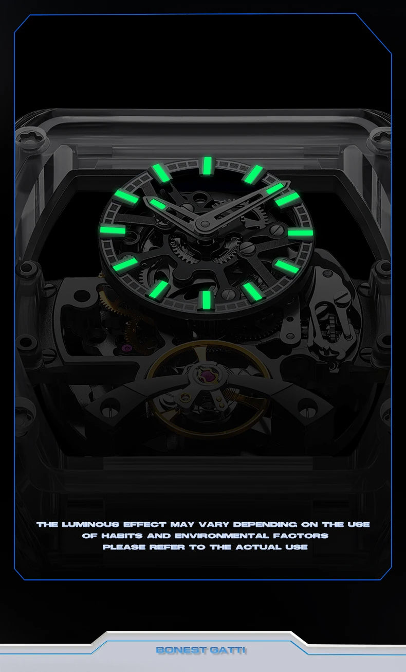 BONEST GATTI New Fully Automatic Men Watch Skeleton Mechanical Watch Rubber Black Band Luminous Barrel Shaped Men Watch