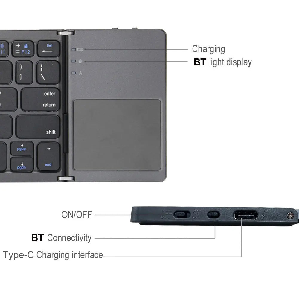 2026 Folding Bluetooth Keyboard Wireless Klavye English Russian with Type-C Charge Port for IOS/Android/Windows ipad Tablet
