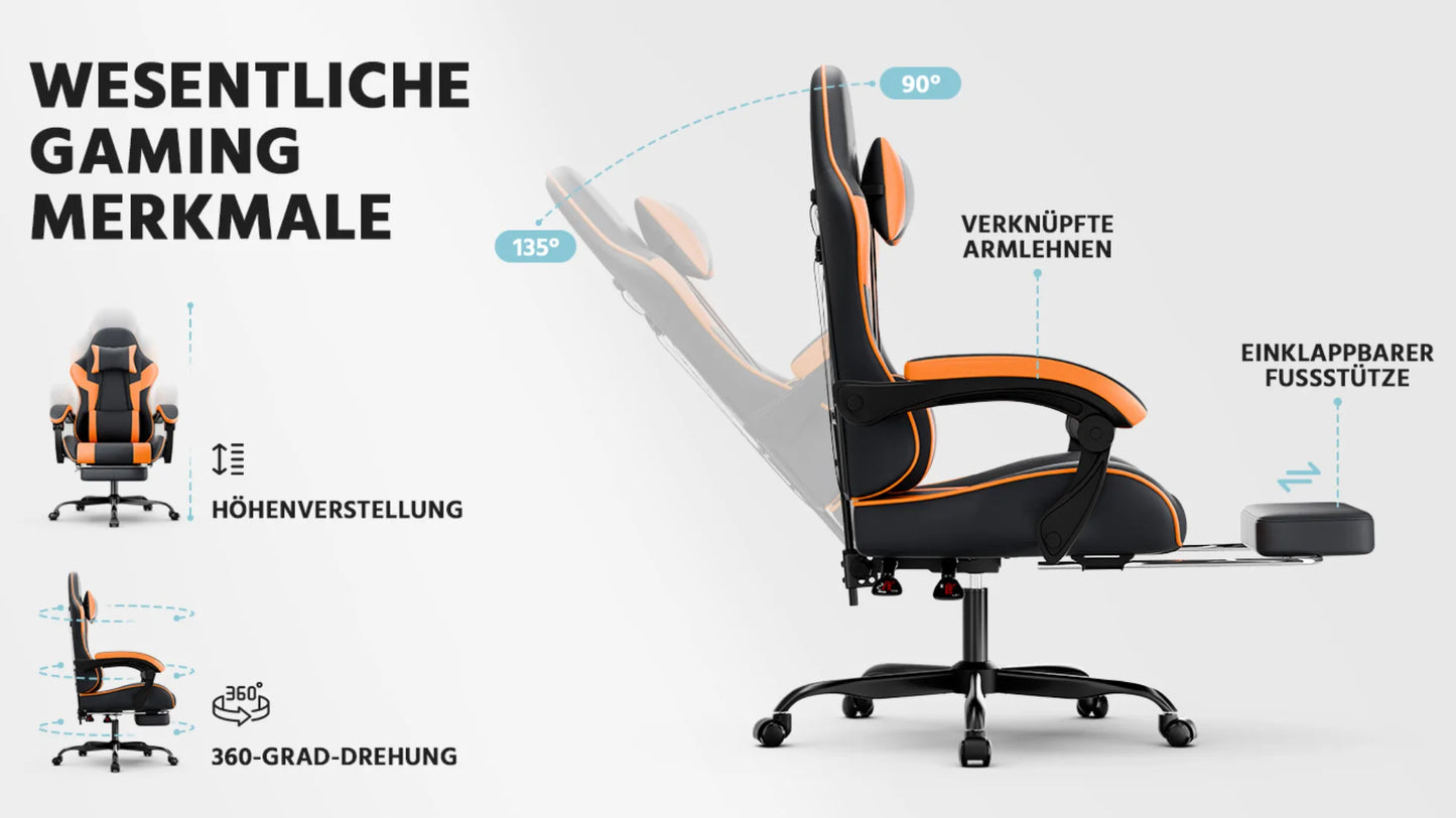 Ergonomic PU Leather Gaming Chair with Lumbar Support, Adjustable Reclining Gaming Chair, Footrest, 200KG Heavy Duty Computer Chair