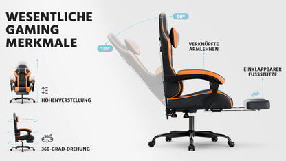 Ergonomic PU Leather Gaming Chair with Lumbar Support, Adjustable Reclining Gaming Chair, Footrest, 200KG Heavy Duty Computer Chair