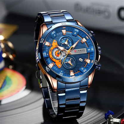 Orologio da uomo di lusso CURREN 8402, nuovo, in acciaio inossidabile, impermeabile, con cronografo e illuminazione notturna.