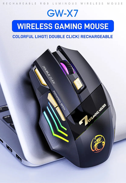 Ratón gaming inalámbrico USB IMICE GW-X7 3200DPI de doble modo, recargable, 7 teclas, 2.4Ghz, silencioso, Bluetooth, LED de respiración de 7 colores