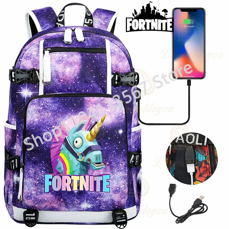 Ultima Knight F-Fortnited Battle Royale Backpack with USB Charging Anime Figures Study Stationery Compartment for Students