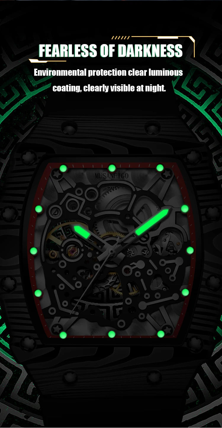 MUSANFIGO barrel shaped design, luxurious fully automatic mechanical men's watch, waterproof and luminous trendy watch