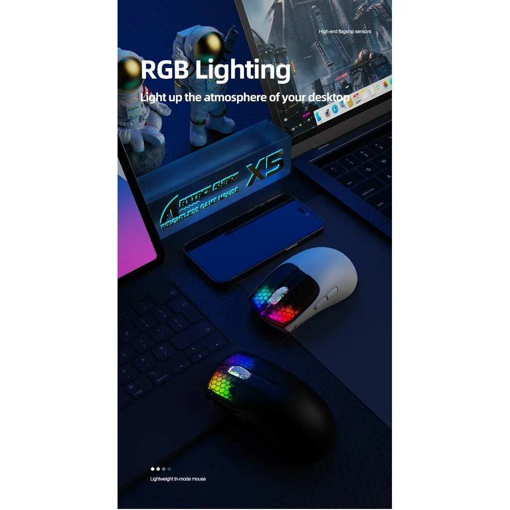 Rato Gaming ATTACK SHARK X5 Sem Fios Leve com Ligação Tri-Mode 2.4GHz/Com Fio/Bluetooth, RGB e Macro