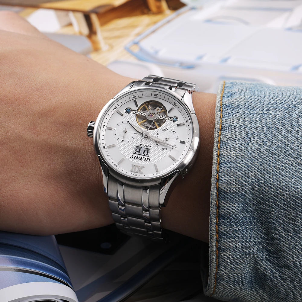 BERNY Automatic Watch for Men Auto Self-wind Mechanical Watches Date Skeleton 5ATM Luxury Male Wristwatches