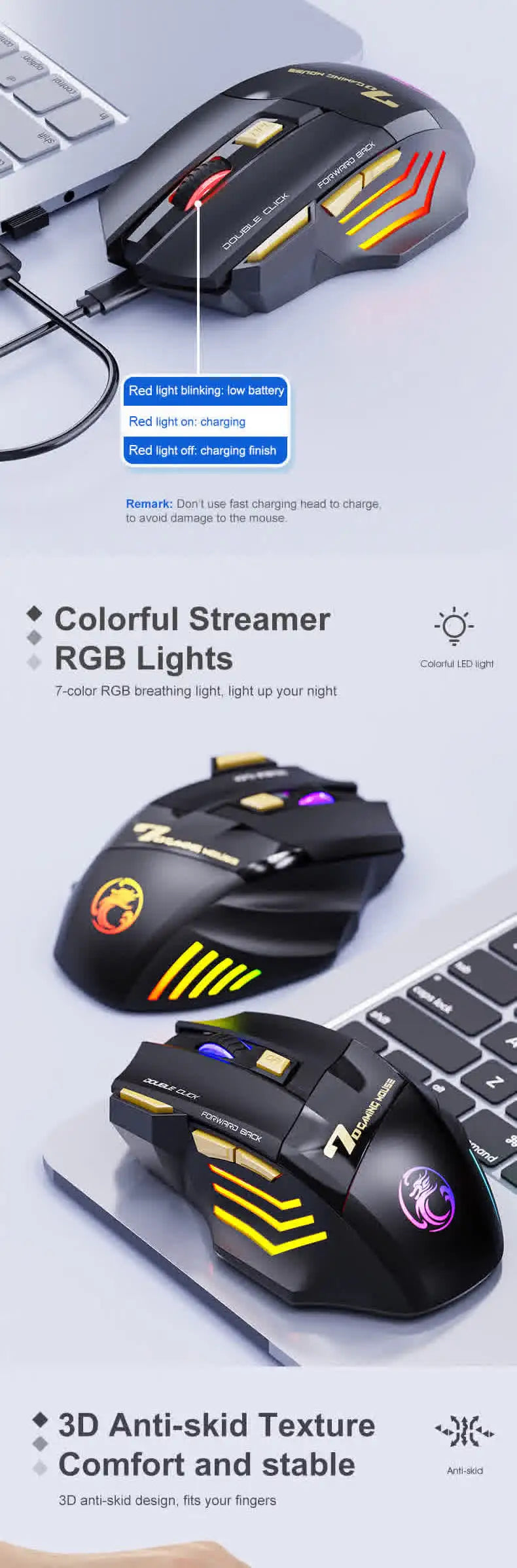 Vezeték nélküli Bluetooth egér, újratölthető számítógépes gamer egér, ergonomikus RGB háttérvilágítású, csendes egér PC-hez