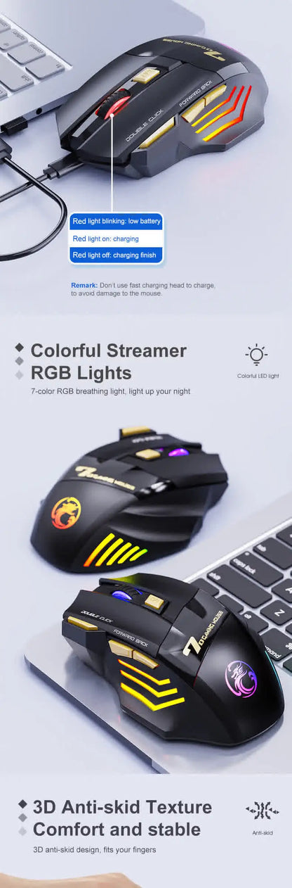 Vezeték nélküli Bluetooth egér, újratölthető számítógépes gamer egér, ergonomikus RGB háttérvilágítású, csendes egér PC-hez