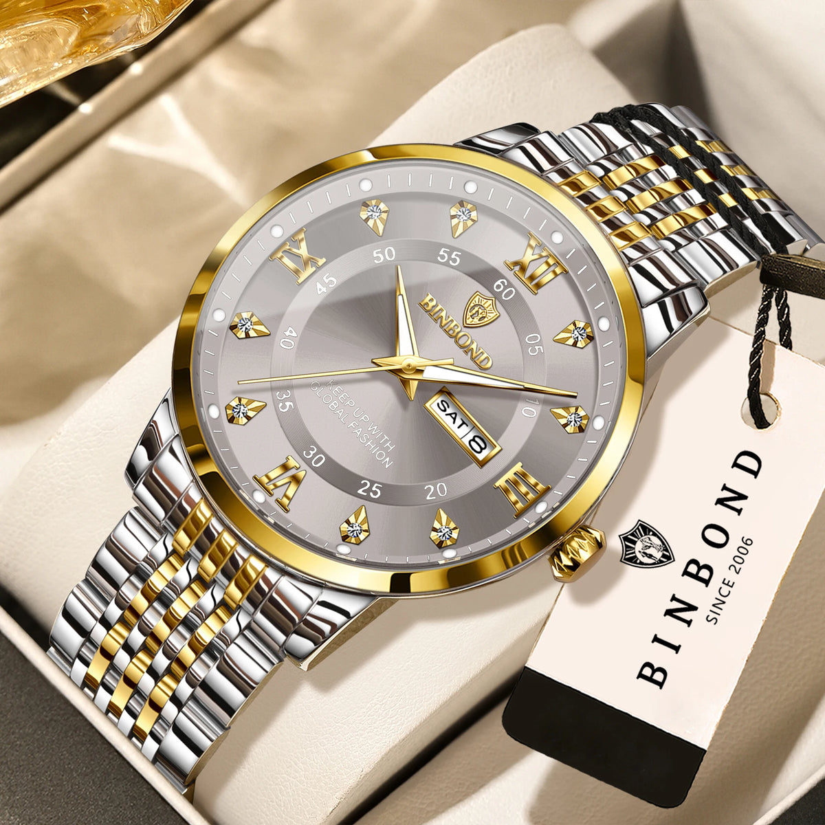 Orologio da polso al quarzo di lusso BINBOND da uomo – Impermeabile, luminescente, con indicazione del giorno della settimana – Stile business, sportivo, alla moda e casual