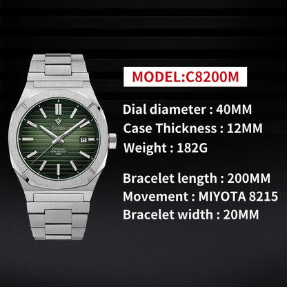 CADISEN Watch for Men Luxury Automatic Men Miyota 8215 Movement Sapphire Crystal 42mm Dial 100m Waterproof  Wristwatches C8200