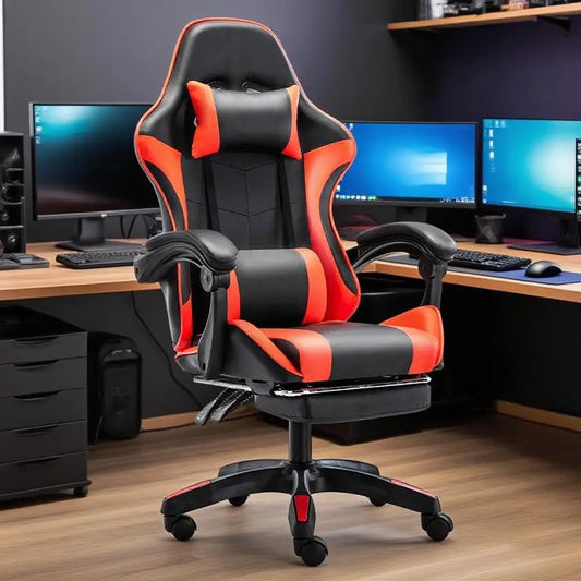 Ergonomic Gaming Chair with Lumbar Support Pillow, Adjustable Footrest, Reclining Computer Gaming Chair, PU Leather Office Gaming Chair with Adjustable Height