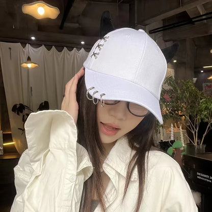 Personalized cow horn iron ring baseball cap versatile student curved brim duckbill cap for men and women street hip-hop