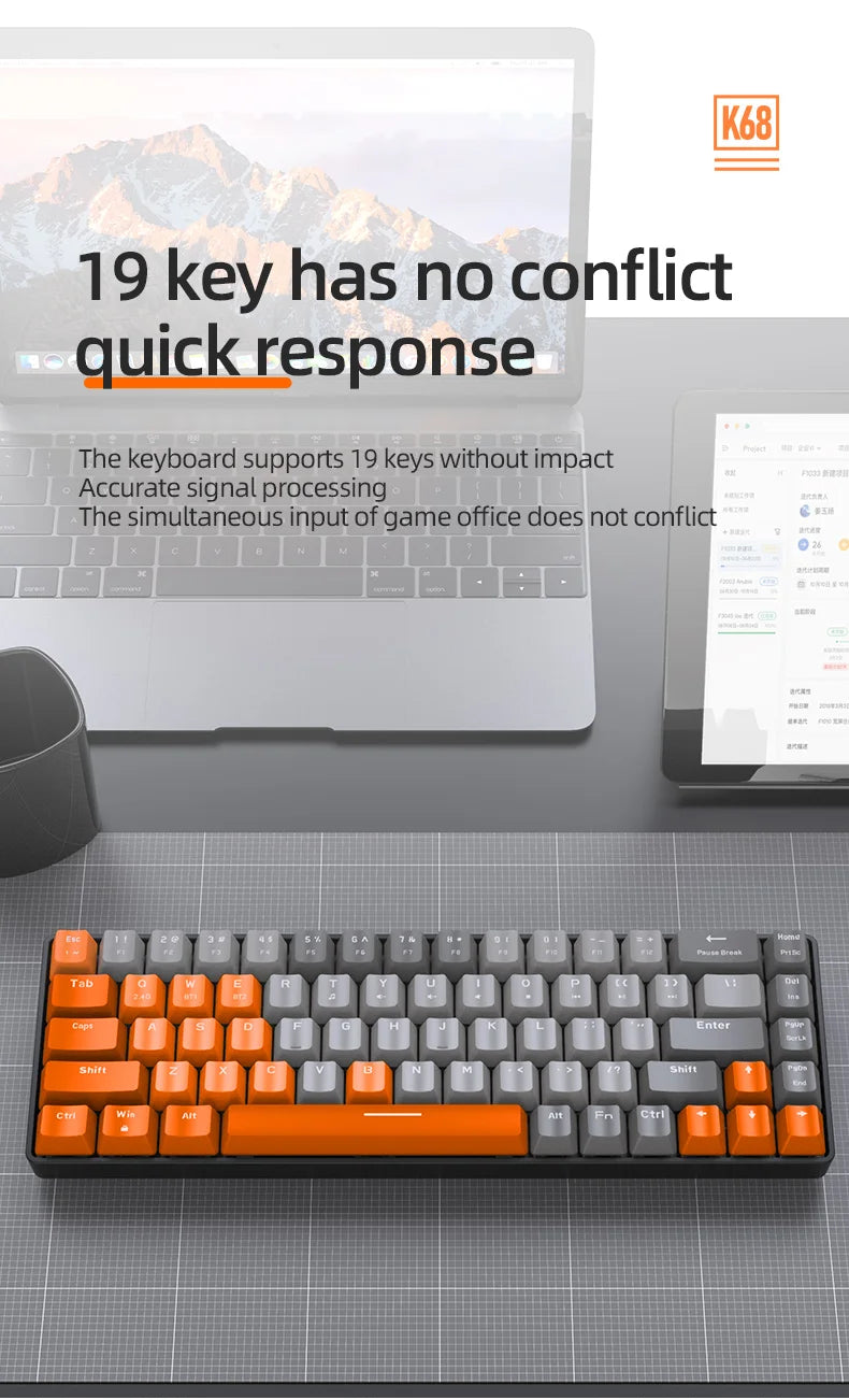 FREEWOLF K68 Mechanical Keyboard,Bluetooth Wireless,Blue and Red Switches,Hot-swswap,Small Size Mini Keyboard