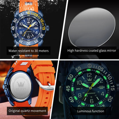 OLEVS Luxury Men's Fashion Quartz Watch Waterproof Luminous Orange Silicone Strap Sports Men Military Wristwatches Watch for Men