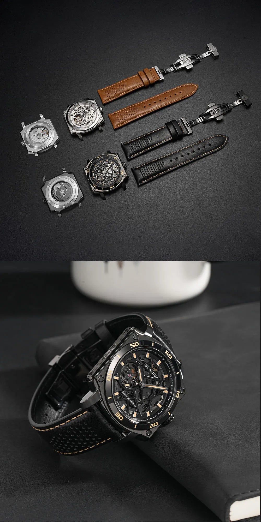 BORIAGE(BOAIJIUA) Men's Fully Automatic Mechanical Watch Original Design Cut out 50m Water Resistant Luminous Wristwatch