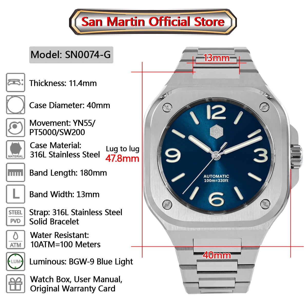 San Martin 40mm Classic Luxury Sport Watch Distinctive Square Case Stainless Steel Men Watch Automatic Mechanical 10 Bar SN0074