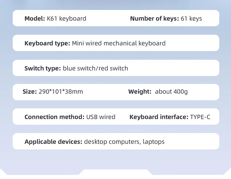APAYADO K61 60% мини жична механична гейминг клавиатура Phantom RGB, 61 клавиша, Red/Blue Switch, ергономична, преносима за PC/лаптоп