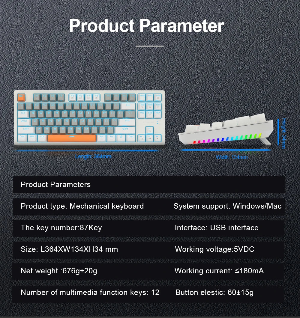 E-YOOSO K620 USB Mechanical Gaming Keyboard Wired Blue Red Switch Monochrome LED Backlit 87 Key for Compute Laptop PC