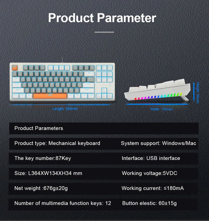 E-YOOSO K620 USB Mechanical Gaming Keyboard Wired Blue Red Switch Monochrome LED Backlit 87 Key for Compute Laptop PC